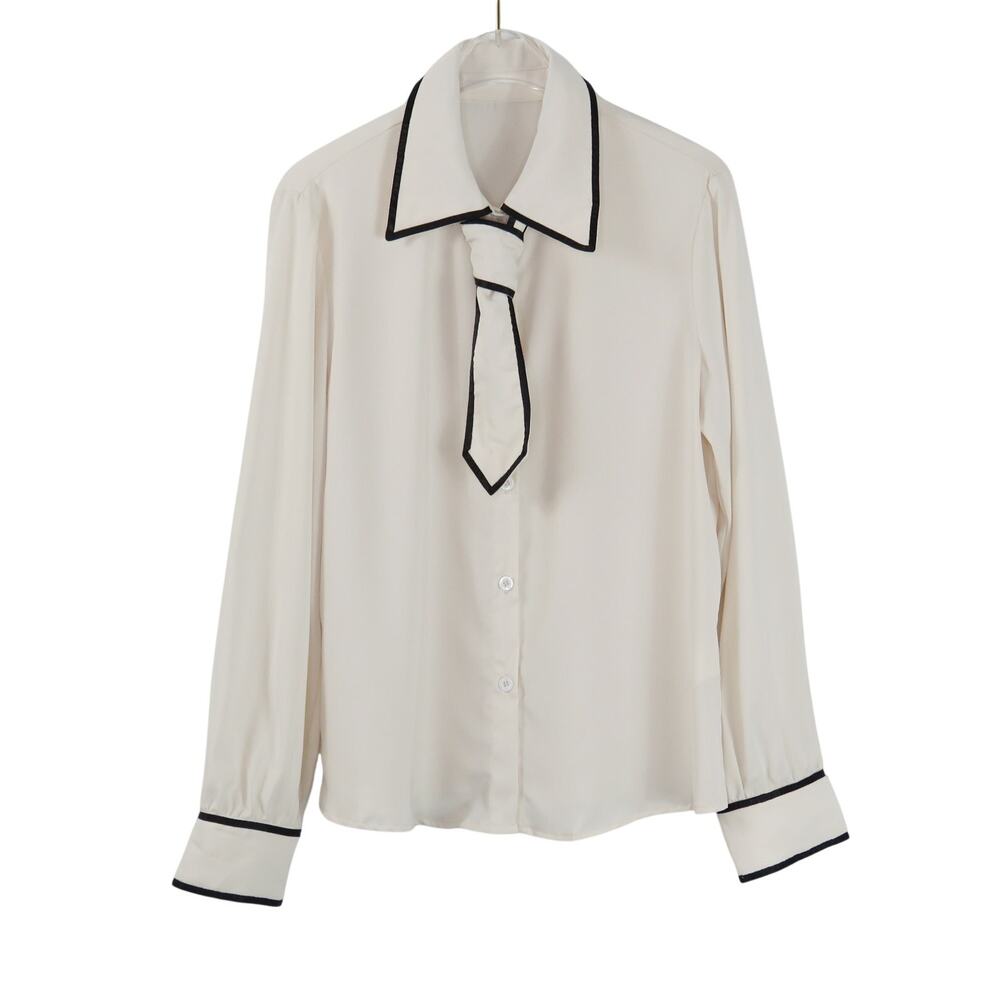Shein White Tie Neck Button Up Blouse with Black Trim Small NWT Formal - Picture 3 of 8